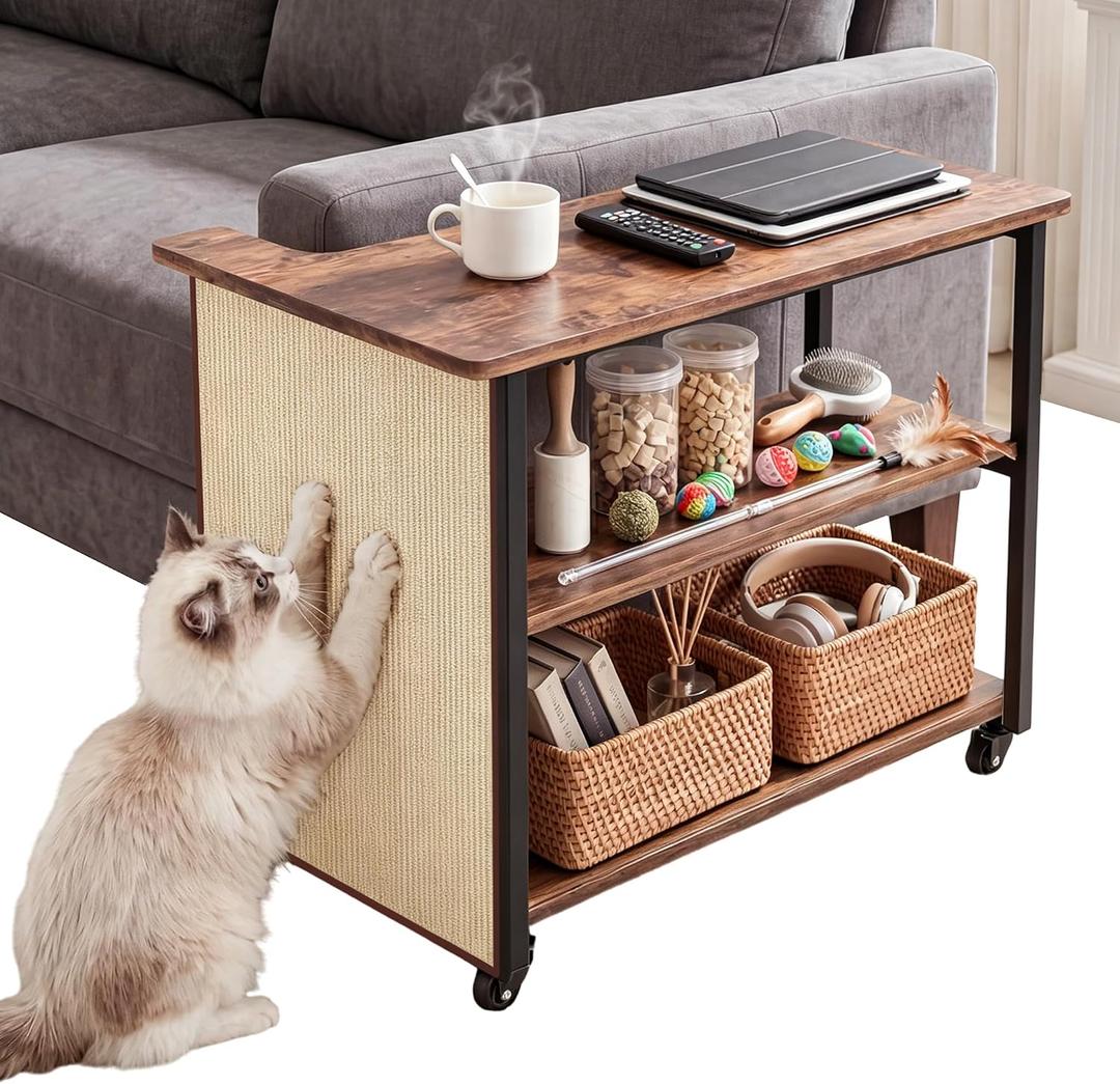 2-in-1 Cat Scratch Couch Side Table with Wheels,Couch Protector from Cat Claws,Sofa Narrow End Table with Natural Sisal Cat Scratch Panel for Living Room (Rustic Brown, Right)