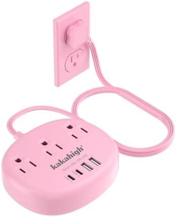 Pink Extension Cord with Surge Protected 1080J - 5 FT Kawaii Power Strip, 1625W Cute Extension Cord with 3 AC Outlet 4 USB (24W/4.8A), Compact for Cute Pink Kawaii Desk Home Essentials