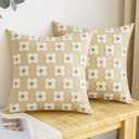 EMEMA Decorative Throw Pillow Covers Daisy Sun Flower Jacquard Pillowcase Cushion Case Square for Couch Sofa Bed Living Room Bedroom Set of 2, 16x16 Inch, Khaki