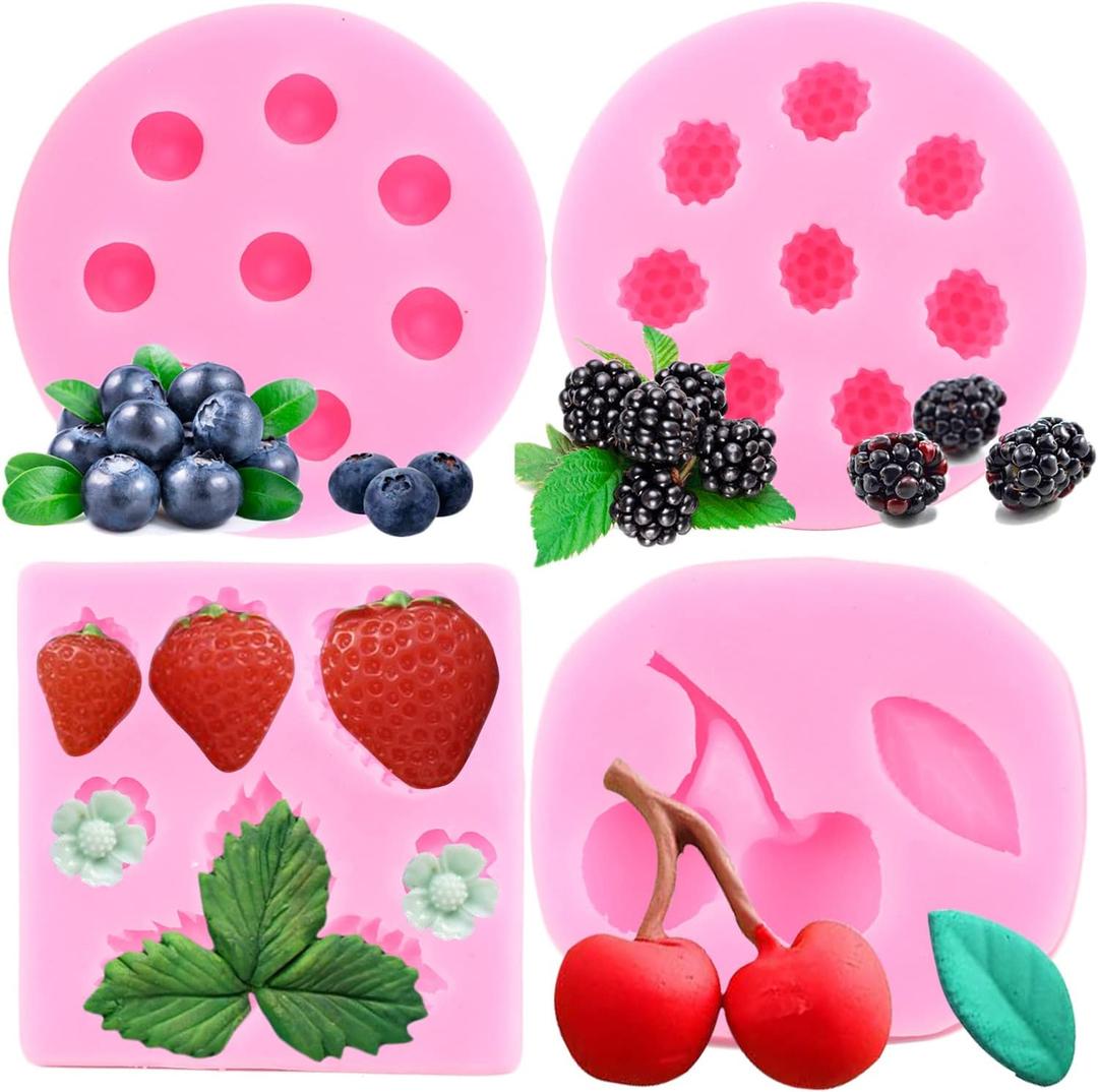 Zixiang Blueberry Raspberry Cherry Strawberry Cake Fondant Molds Berry Series Sugarcraft Gumpaste Silicone Mold for Chocolate Candy Cupcake Topper Decorating Polymer Clay Resin Set Of 4