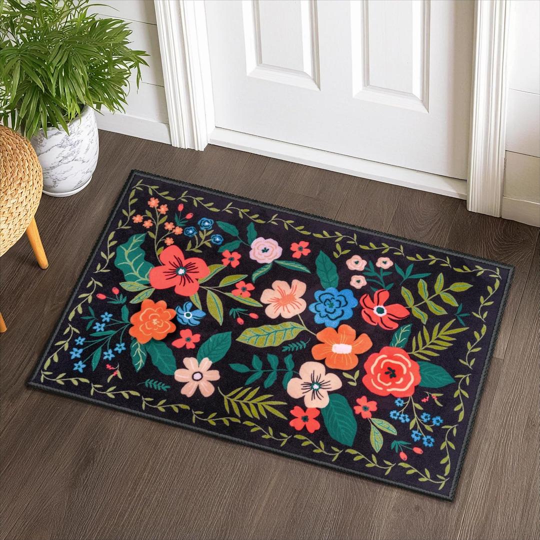 JOIEDOMI Door Mat Indoor Entrance 2x3 Machine Washable Boho Floral Small Rugs for Entryway Non-Slip Rubber Backing Bath Mat Soft Area Rug Stain Resistant Waterproof Carpet for Bathroom Bedroom (Black)
