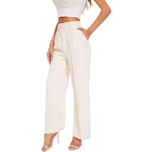 FUNYYZO Wide Leg Pants Women's High Elastic Waisted in The Back Business Work Trousers Long Straight Suit Pants (Beige), Size: Small Short