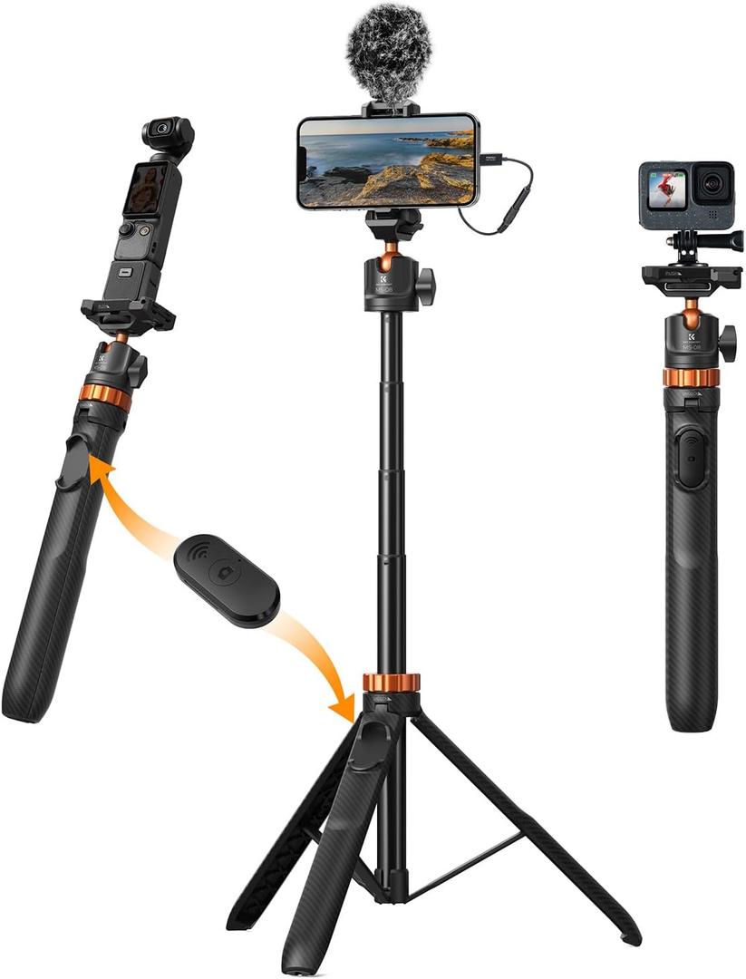 K&F CONCEPT 62'' Phone Selfie Stick Tripod, 2-in-1 Extendable Cell Phone Tripod Stand with Remote, 360 Ball Head Camera Tripod Compatible with DJI Osmo Pocket 4/3 Action 6/5Pro GoPro 13/12 iPhone.