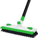 Floor Scrub Brush with Long Handle, 3-in-1 Scrape Scrubber Brush with Squeegee Stiff Bristle Deck Brush for Cleaning Tile Bathroom Patio Deck Garage Grout Kitchen
