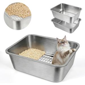 Stainless Steel Sifting Litter Box with Sifter for Pine Pellets | Metal Cat Sifting Litter Box,High Side to Prevent Litter Tracking for Big Cat Multi Cats,Anti-Urine Leakage,Easy Cleaning