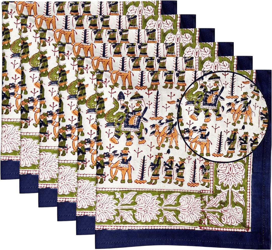 Hand Block Cloth Napkins Set Of 6  Elegant Cotton Napkins For Dinner, Weddings, Reusable Everyday Use  Decorative Floral Napkins Everyday For Kitchen & Home Decor (6, Procession Block, 20X20 Inches)