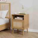 Double Layer Rattan Nightstand, Wood Tall Feet Nightstand Modern Bedside Tables with Open Shelf for Bedroom Living Room