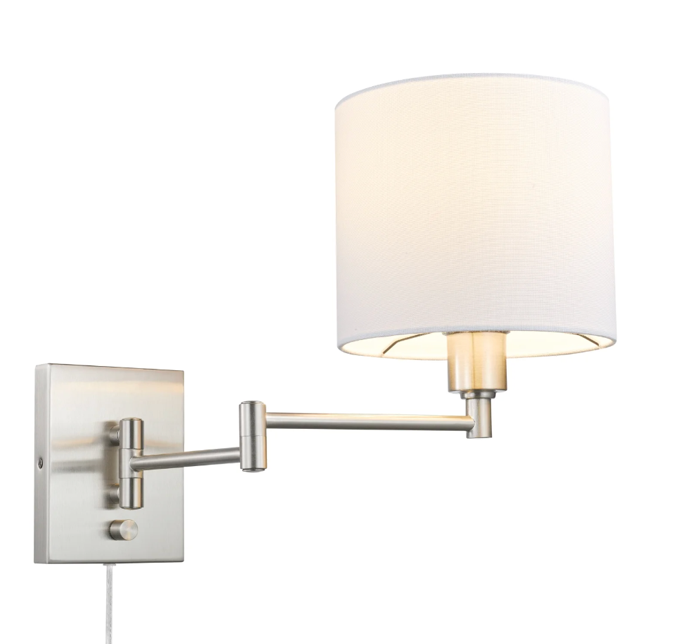 Globe Electric Anderson 1-Light Brushed Steel Plug-In Swing-Arm Wall Sconce with White Fabric Shade and 6-Foot Cord