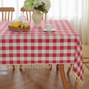 Red Checkered Tablecloth Square Cotton Linen Fabric Gingham Table Cloth Buffalo Plaid Table Cover with Tassel Washable for Kitchen Dining Picnic, Red White, 55X55''