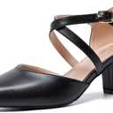 Women's Chunky Heel Pumps Cross Strap Closed Pointed Toe Dress Shoes (6.5, Matte Black)
