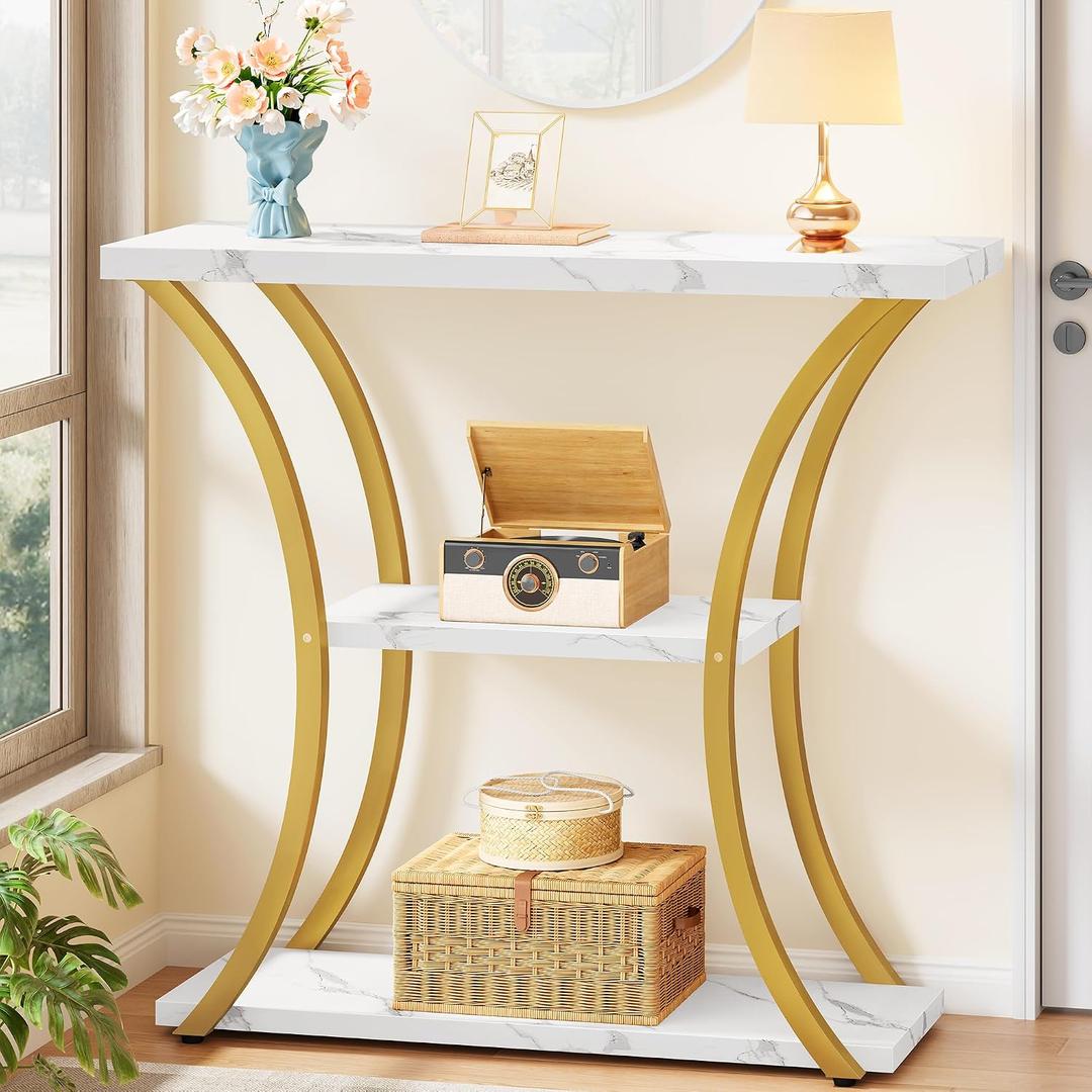 Hoctieon 3 Tier Console Table with Open Wood Shelves, Decorative Entryway Table with Curved Metal Frames, Narrow Sofa Table for Entrance, Living Room, Hallway, Gold and White Marbled