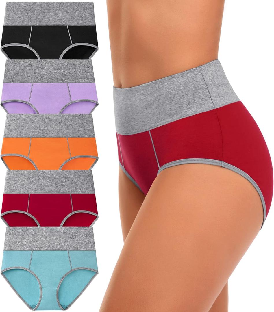 CULAYII High Waisted Underwear for Women Cotton No Muffin Top Full Coverage Briefs Soft Stretch Ladies Panties 5 Pack (XX-Large, Multicoloured C-5 Pack)