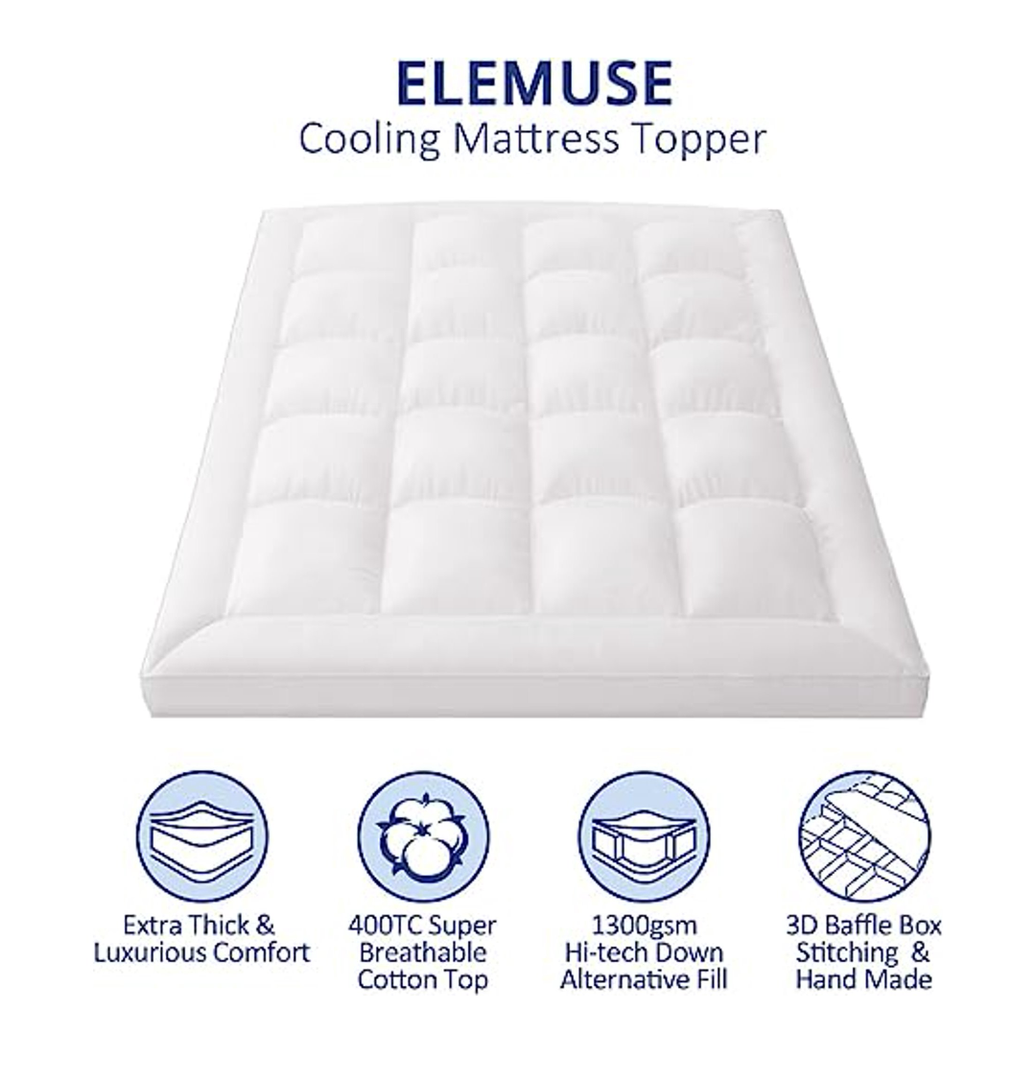 Elemuse Queen Size Extra Thick Fusion Goose Down Feather Filled Mattress Topper, Plush Fluffy Double Layer Pillowtop Mattress Pad Cover, Soft Featherbed With 8-21 inch Deep Pocket