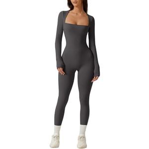 QINSEN Womens Sexy Square Neck Long Sleeve Full Length Leggings Bodycon Stretch Jumpsuit, L