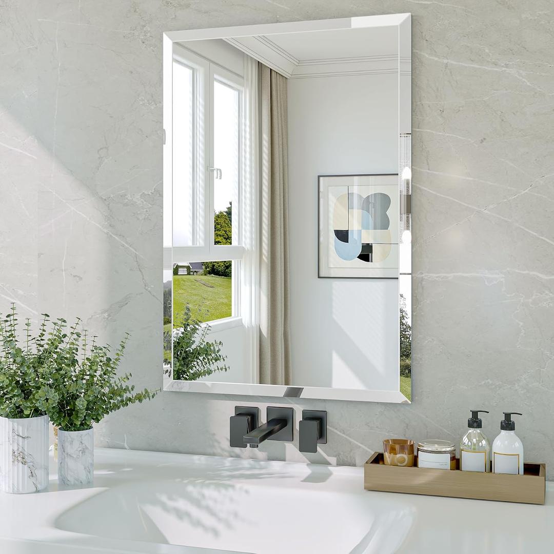 Frameless Bathroom Mirror, 18" x 26" Rectangle Beveled Wall Mirror, Modern Decorative Vanity Mirrors for Living Room, Entryway, Bedroom, Hangs Horizontally or Vertically