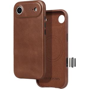 LUCKYCOIN Genuine Leather Phone Case for iPhone Air,Compatible with MagSafe and Wireless Charging,Camera Control Button,Metal Buttons,Slim Fit,Magnetic Shockproof Protective Case,6.5 inch - Dark Brown
