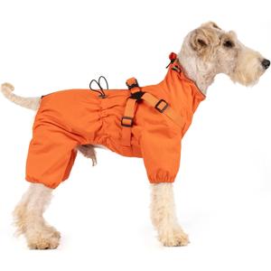 Mile High Life Waterproof Dog Raincoat, Full Coverage Small Dog Rain Coat with Harness, Adjustable 4 Legs Puppy Rain Jacket with Reflective Strip and Elastic Cuffs (Orange, M Back Length 14.6")