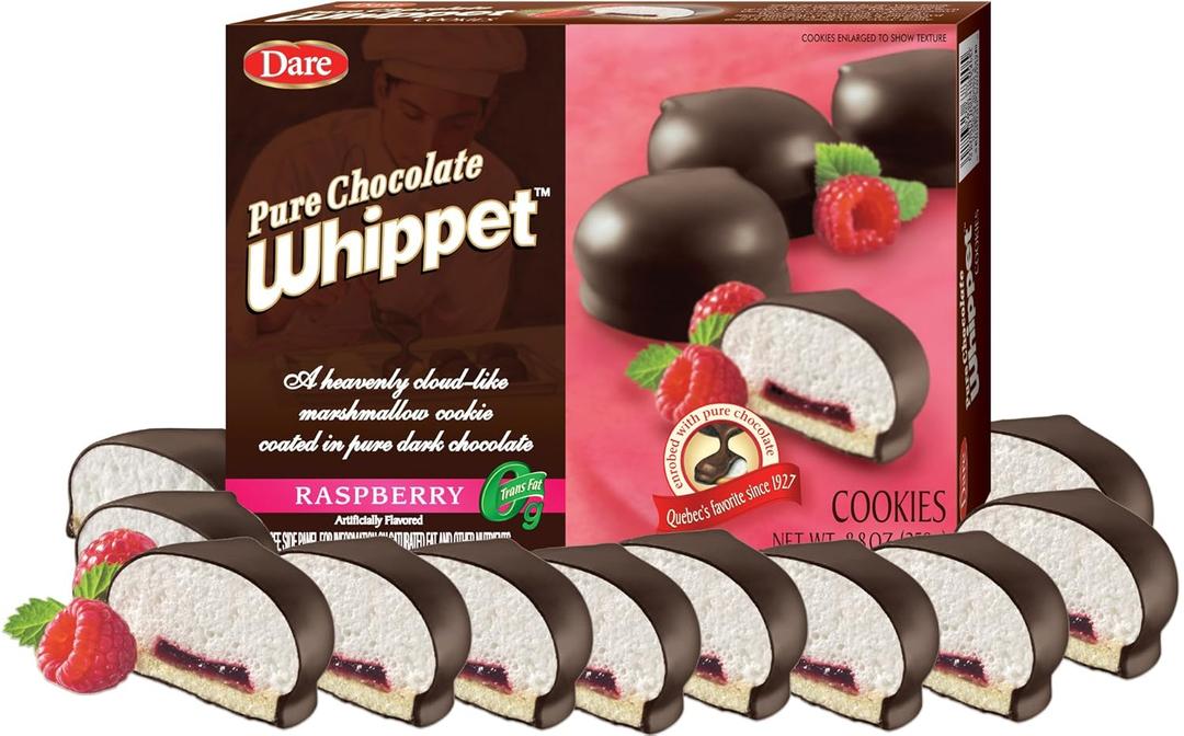 Dare Whippet Cookies, Raspberry, Pack of 12 Boxes (14 Cookies Per Box) Made with Fresh-Tasting Raspberry, Heavenly Marshmallow Center, Rich Chocolate, 12 - 8.8 oz Boxes, Best Before 2025 AUG 02 