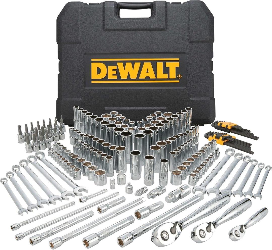 DEWALT Mechanics Tools Kit and Socket Set, 204-Piece Dewalt Tool Set , 1/4" & 3/8" & 1/2" Drive, Metric/ SAE Deep and Shallow Sockets, 3/8" Hex Bits, Torx Bits, Spark Plugs, Wrenches (DWMT72165)