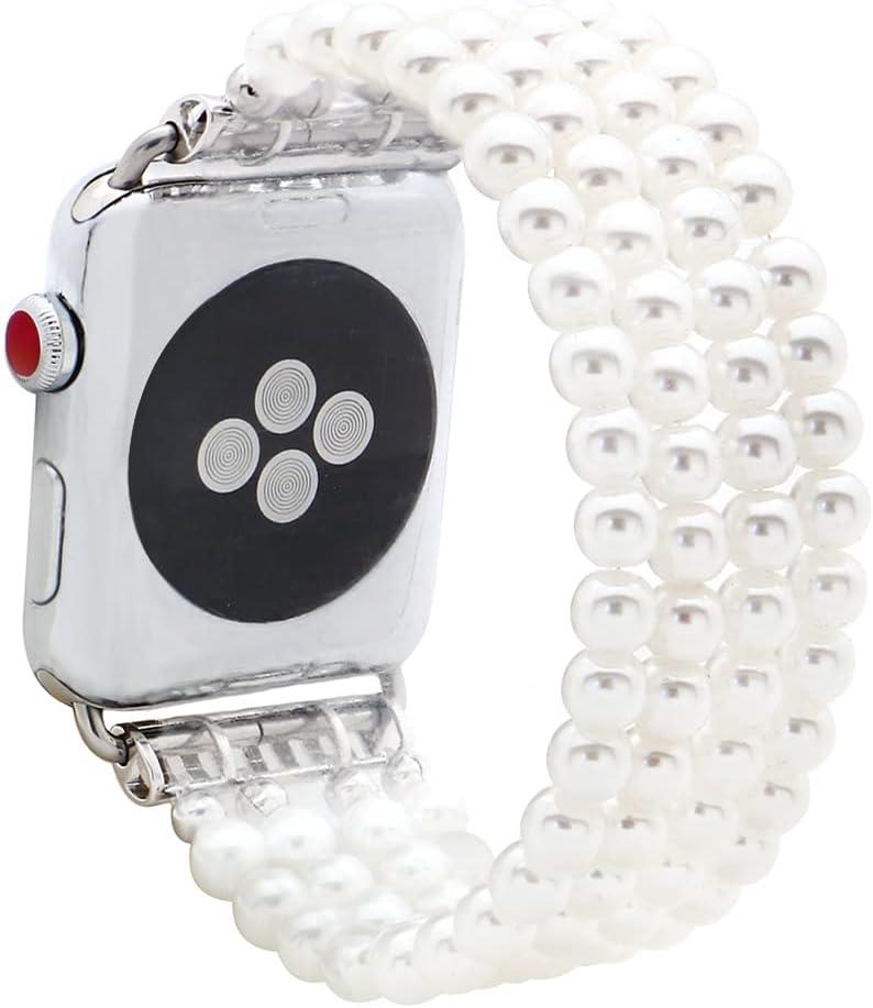 KAI Top Beaded Bracelet Compatible with iWatch Band 38mm 40mm 41mm 42mm  Women, Stone Beaded Elastic Stretch Replacement Strap for Apple Watch Ultra SE Series 10 9 8 7 6 5 4 3 2 1 (white pearl) KAI Top Beaded Bracelet Compatible with iWatch Band 38mm 40mm 41mm 42mm  Women, Stone Beaded Elastic Stretch Replacement Strap for Apple Watch Ultra SE Series 10 9 8 7 6 5 4 3 2 1 (white pearl)
