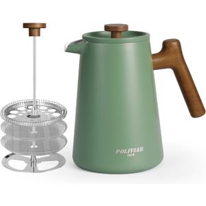 POLIVIAR French Press Coffee Maker, 34 oz Coffee Press with Real Wood Handle, Double Wall Insulation & Dual-Filter Screen, Food Grade Stainless Steel for Good Coffe and Tea, JX2025-XFPN (Green)