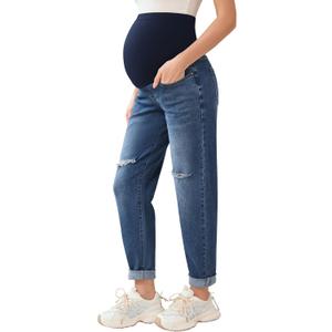 POSHGLAM Women's Maternity Boyfriend Jeans Over Belly Stretch Comfy Loose Casual Denim Pants with Pockets for Everyday Wear (XL)