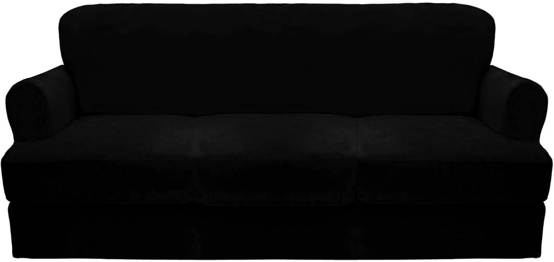 CUCRAF Cushion Sofa Cover 4 Piece Slipcovers, Soft Thick Velvet Couch Cover for Living Room, Washable High Stretch Furniture Protector with 3 Cushion Sofas Slipcover, (XL, Black)