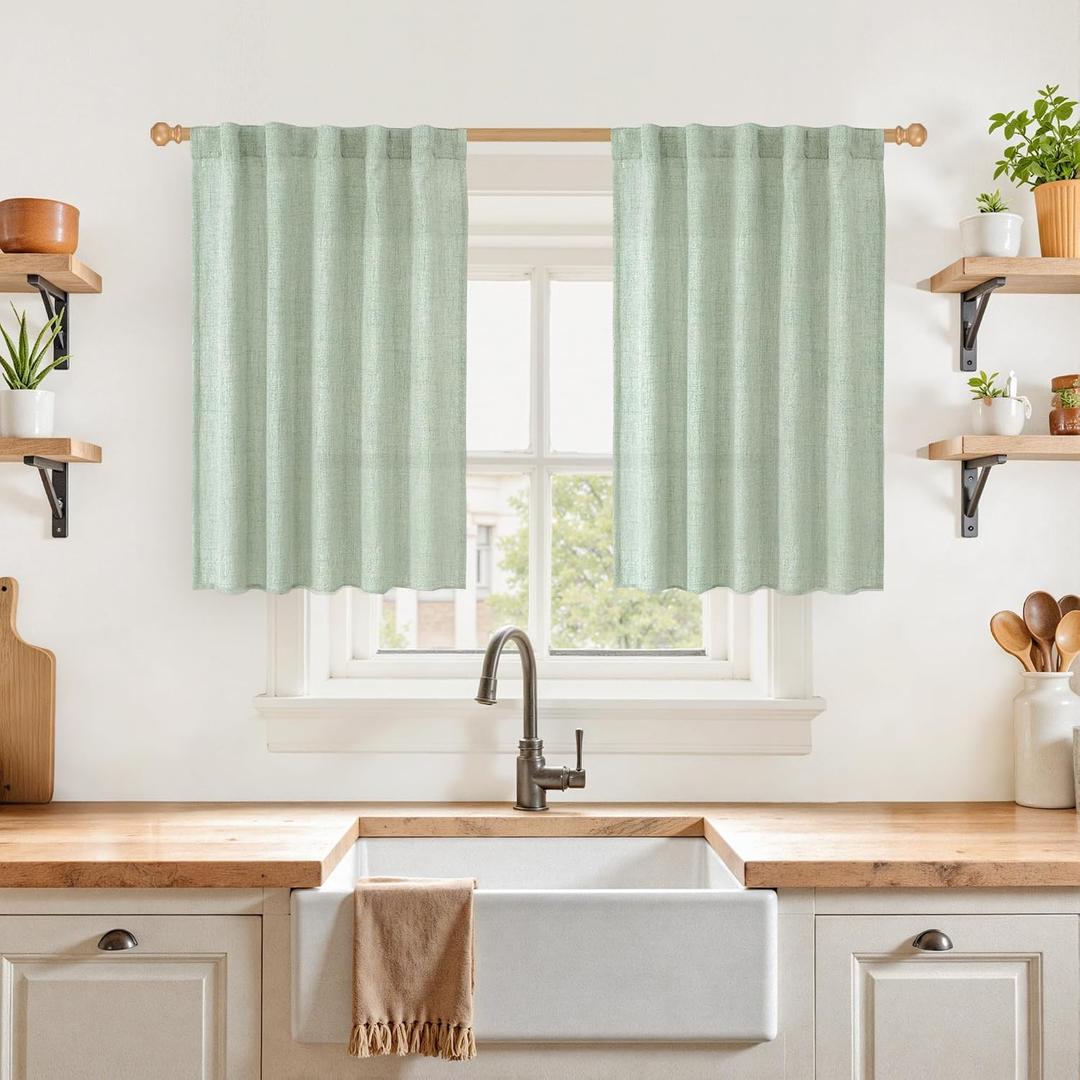 YoungsTex Light Green Linen Curtains 36 Inch Length, Short Drapes Light Filtering with Rod Pocket Back Tab for Cafe Kitchen Windows Over Sink, 2 Panels, 42 X 36 Inch