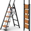 WOA WOA 5 Step Ladder, Ladders for Home, Anti-Slip Pedals, Aluminum Step Stool Foldable, Lightweight to Move, Ease of Storage, Reach 10ft for Closet Kitchen Library, Hold 300lbs - Black&Wood Grain