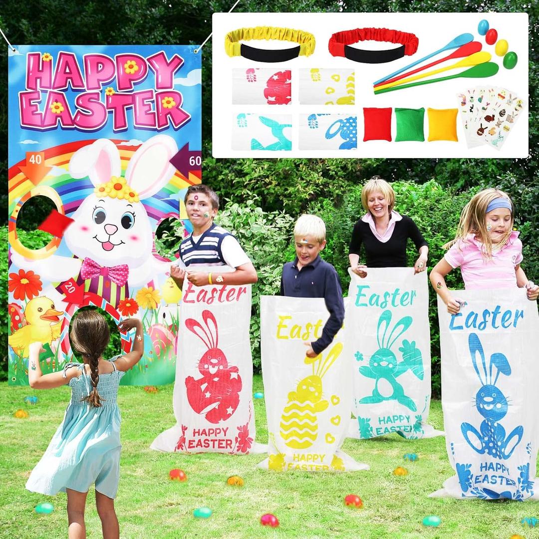 23 Packs Easter Outdoor Party Games for Kids Potato Sack Race Jumping Bags with Legged Race Bands, Egg and Spoon RaceToss Game and Stickers, Outdoor Games for Easter Eggs Hunt,Easter Party Supplies