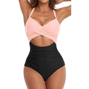Eomenie Women's One Piece Swimsuits Tummy Control Cutout High Waisted Bathing Suit Wrap Tie Back 1 Piece Swimsuit (Large, Black Pink)