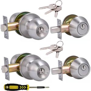2 Sets All Keyed Same Entry Door Knob and Single Cylinder Deadbolt Combo Set, Round Ball Satin Nickel Exterior Door Knobs with Lock and Keys for Entrance and Front Door