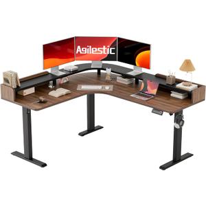 Agilestic L Shaped Standing Desk, Corner Desk with Monitor Shelf, Adjustable Height Gaming Table, Sit Stand Up Table, 63 x 55 Inch Home Office Computer Workstation, Splice Board, Dark Walnut