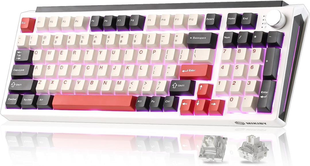 K98 Wireless Mechanical Keyboard,Tri-Mode BT5.0/2.4GHz/USB-C Hot Swappable Custom Wireless Keyboard,Gasket Structure,RGB Backlit Gaming Keyboard for Win & Mac(White&Red,Milk-V2 Switch)