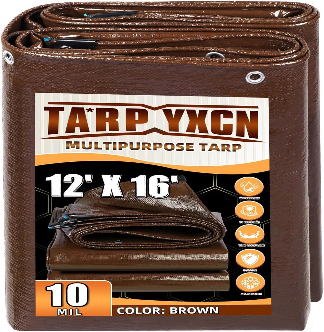 Brown Tarp 12x16 Feet, 10 Mil Thick Waterproof Poly Tarps Cover UV Resistant, Rip & Tear Proof with Metal Grommets Every 20 Inches