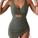 B2prity Women Mesh One Piece Swimdress Swimsuit Tummy Control V Neck Cutout Bathing Suit Wrap Drawstring Sarong Swimwear, Size: L