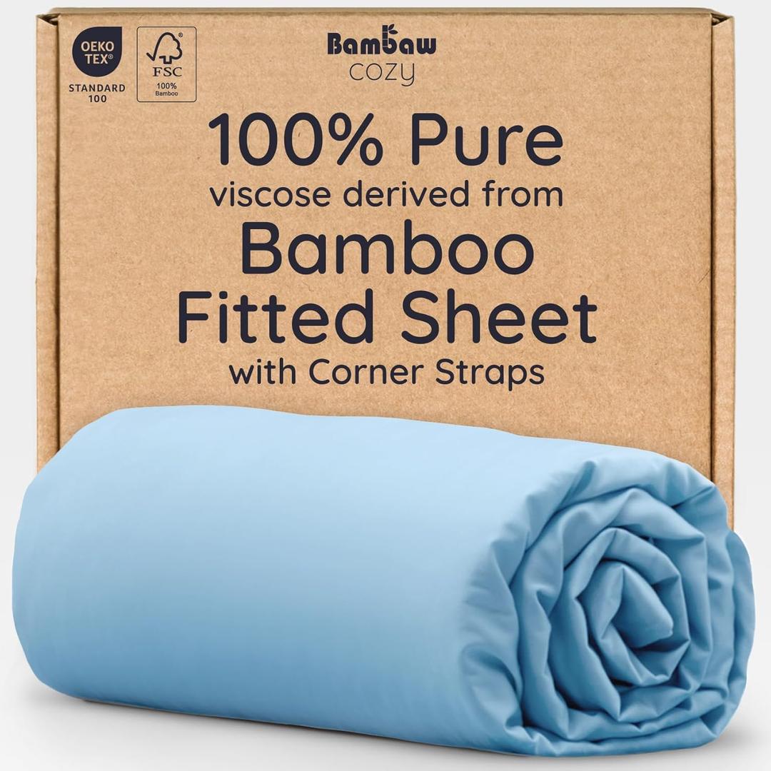 Bambaw 100% Viscose Derived from Bamboo Fitted Sheet, 16 Pocket King Bed Fitted Sheet Only, Cooling Fitted Sheets King Size, Breathable & Soft King Size Fitted Sheet with Corner Straps (Dream Blue)
