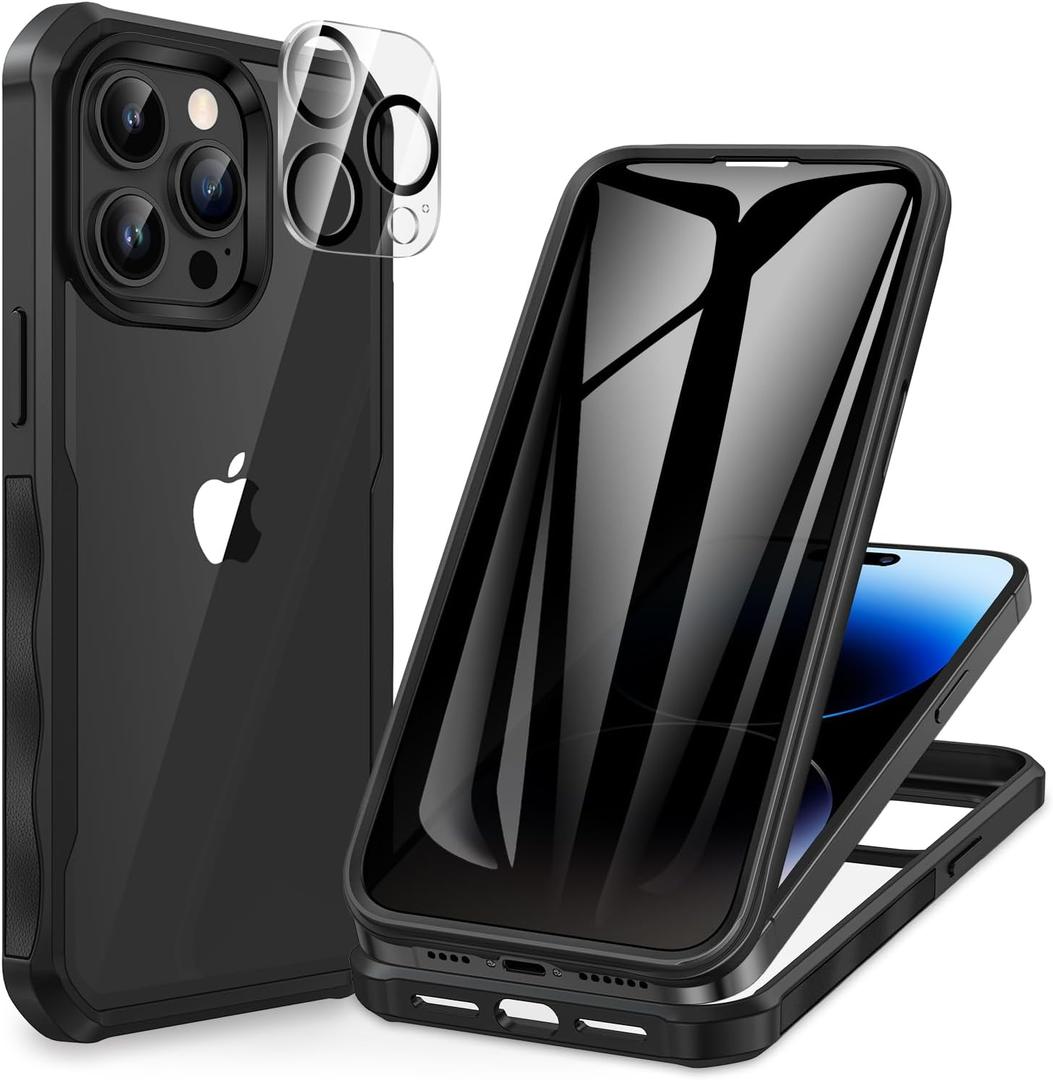 CENHUFO Privacy for iPhone 14 Pro Case, Full Body Phone Case with Built-in 9H Tempered Glass Privacy Screen Protector and Camera Lens Protector, Anti Peep Spy Shockproof Bumper Clear Cover - Black