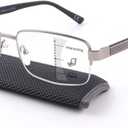 Missfive Men Premium Multifocus Reading Glasses Blue Light Blocking, Progressive Metal Frame With No Broken Spring Hinge Multifocal Readers Computer Eyewear,Workspace For Near Range, Silver, 3.0x