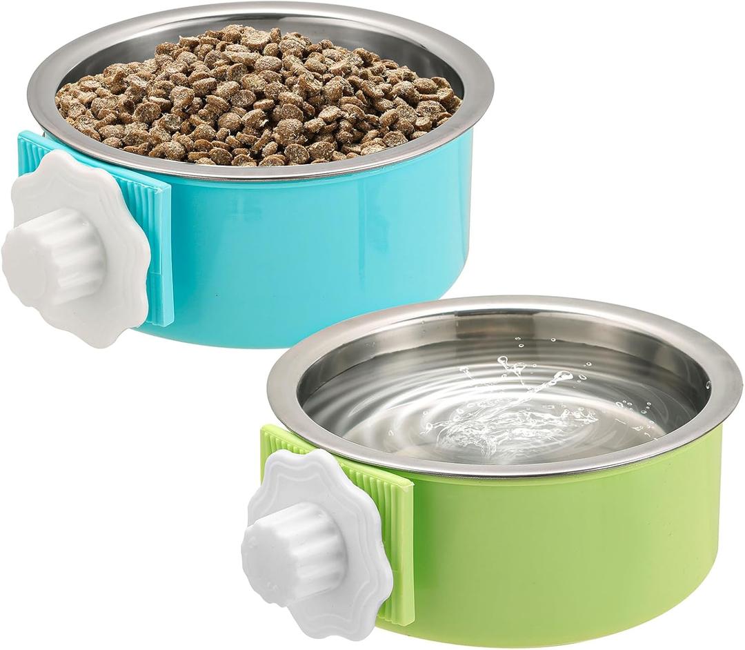 Mechpia 2 Pieces Crate Dog Bowl, Removable Stainless Steel Pet Kennel Hanging Food Water Feeder Bowl Cage Coop Cup for Puppy Medium Dog Cat Rabbit Ferret Bird (Blue,Green)
