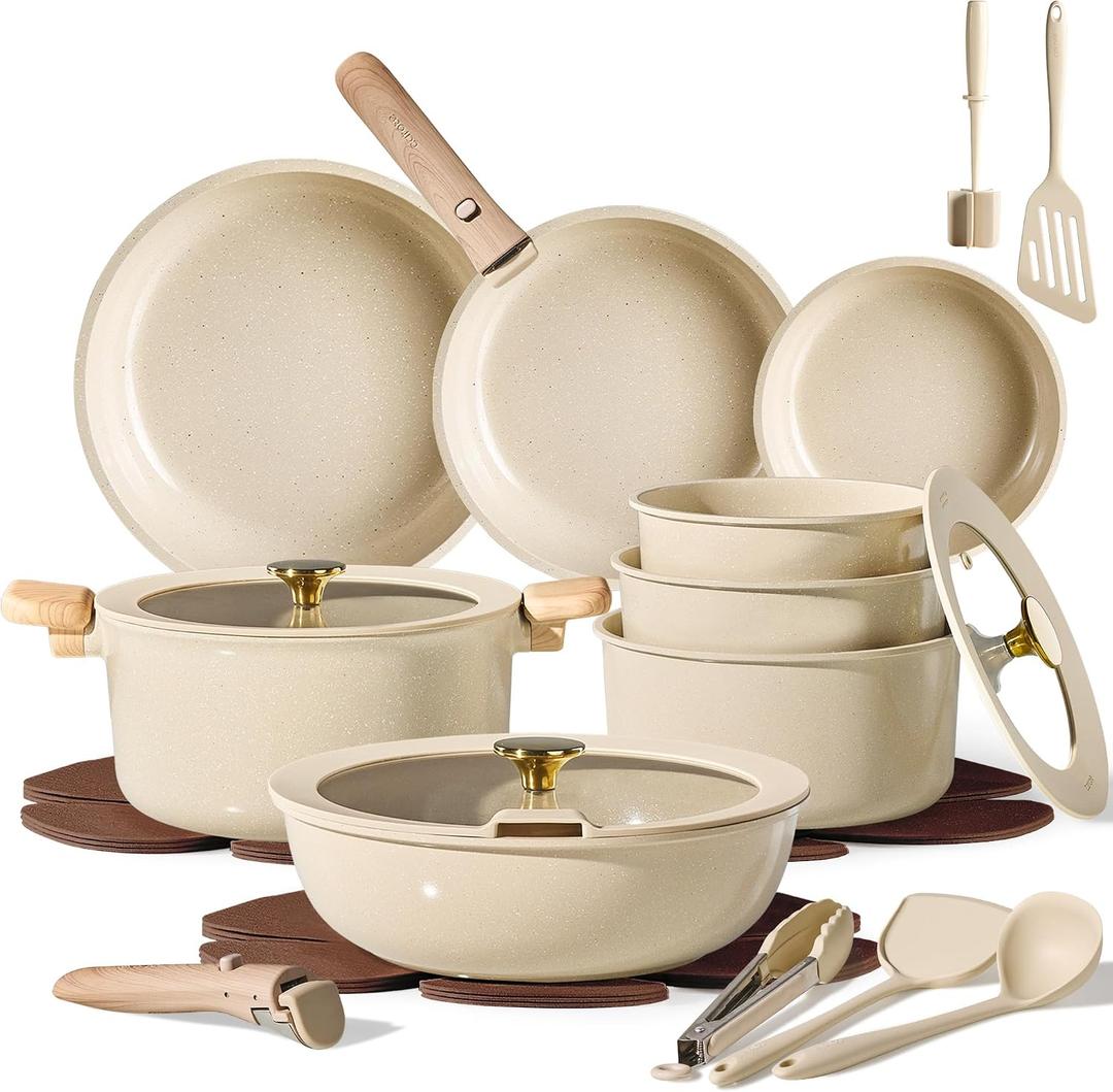 CAROTE 25PCS Ceramic Cookware Set, Pots and Pans set Non Stick, RV Kitchen Cooking Set Removable Handles, Oven Safe, Induction Cookware, Non-toxic Kitchen Cooking Set, PFAS and PFOA Free