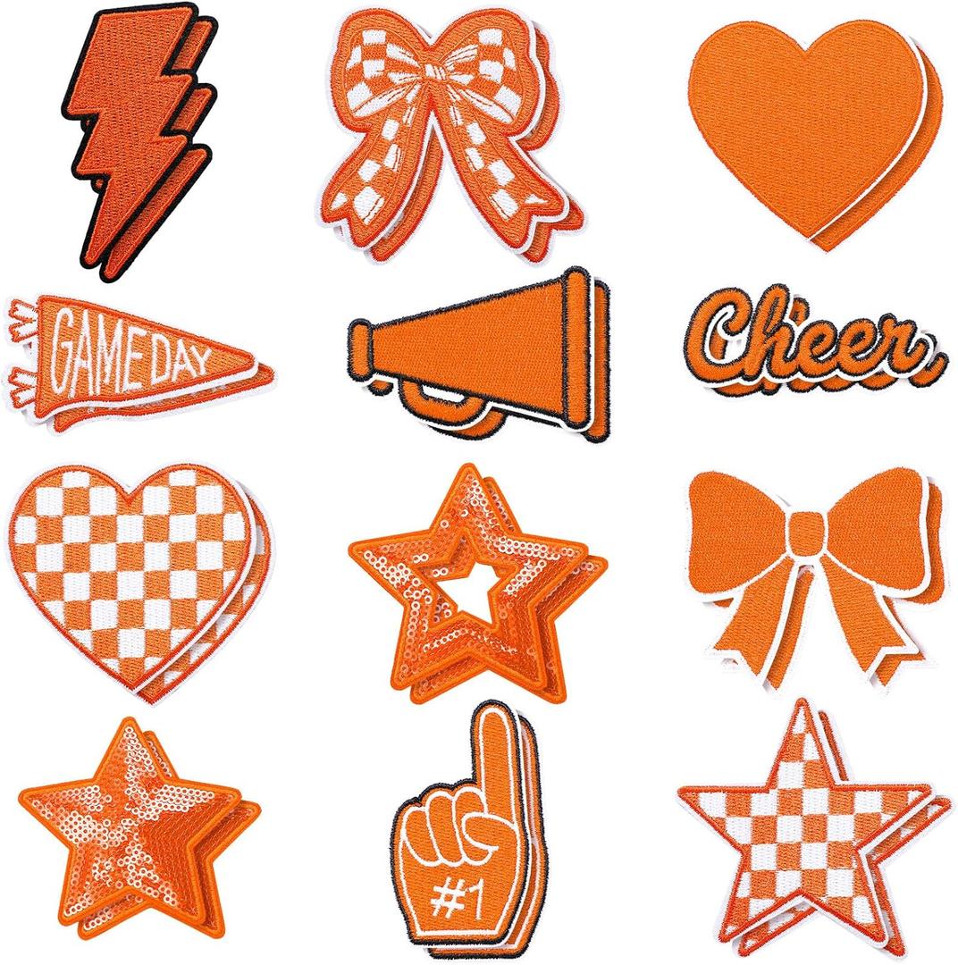Glitinsel 24 Pcs Orange Game Day Cheer Patches Iron on Embroidered Football Patches Sew on Appliques for Hats Backpacks Clothes Football Enthusiasts Team Fans DIY Cratfs(Game Day)