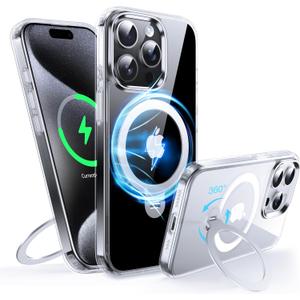 360Rotatable Magnetic Ring for iPhone 15 Pro Case with MagSafe[Non-Slip Texture Edge][Built-in Kickstand][Military Shockproof][Anti-Yellowing] Transparent Soft Silicone Bumper Slim,Clear