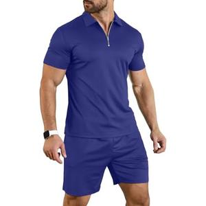 YTD Mens Short Sleeve Casual Polo Shirt and Shorts Sets Two Piece Summer Outfits Zip Polo Tracksuit Set for Men L