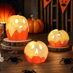 Halloween Decorations,Light Up Ghost Pumpkin Decorations Set of 3,Cute Halloween Decor Indoor for Kitchen Tabletop Mantel Party Home Decor