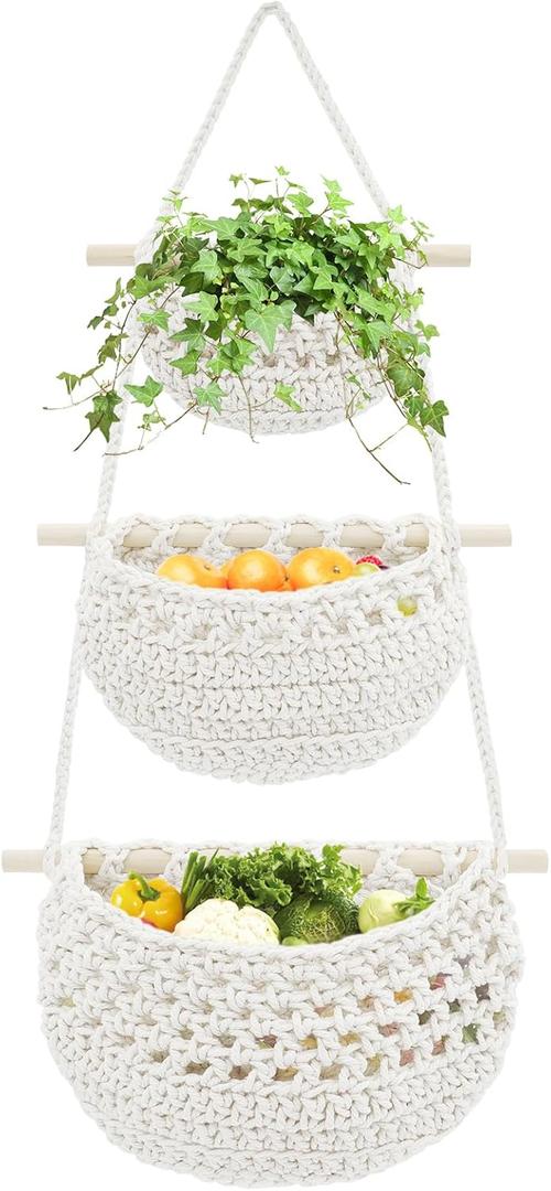 3 Tier Hanging Fruit Basket, Cotton Woven Wall Hanging Basket for Organizing Fruit Vegetable Storage, Boho Wall Baskets for Kitchen Bedroom Living Room