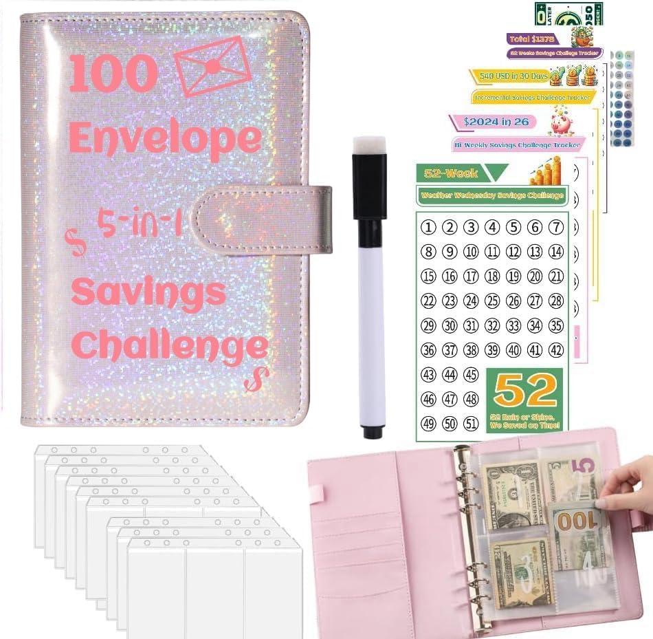 100 Envelope Challenge Binder $5050,52 Weeks Budget Binder Savings Challenge Book $10000,30 Days $500,Savings Challenges Budget Planner Binder,Cash Stuffing Envelopes Binder (2024 5-in-1 Silver)