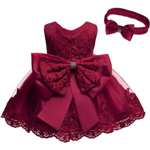 0-6T Toddler Baby Girl Embroidered Tutu Ball Gown Lace Dresses with Headwear (12-18 Months, Burgundy)