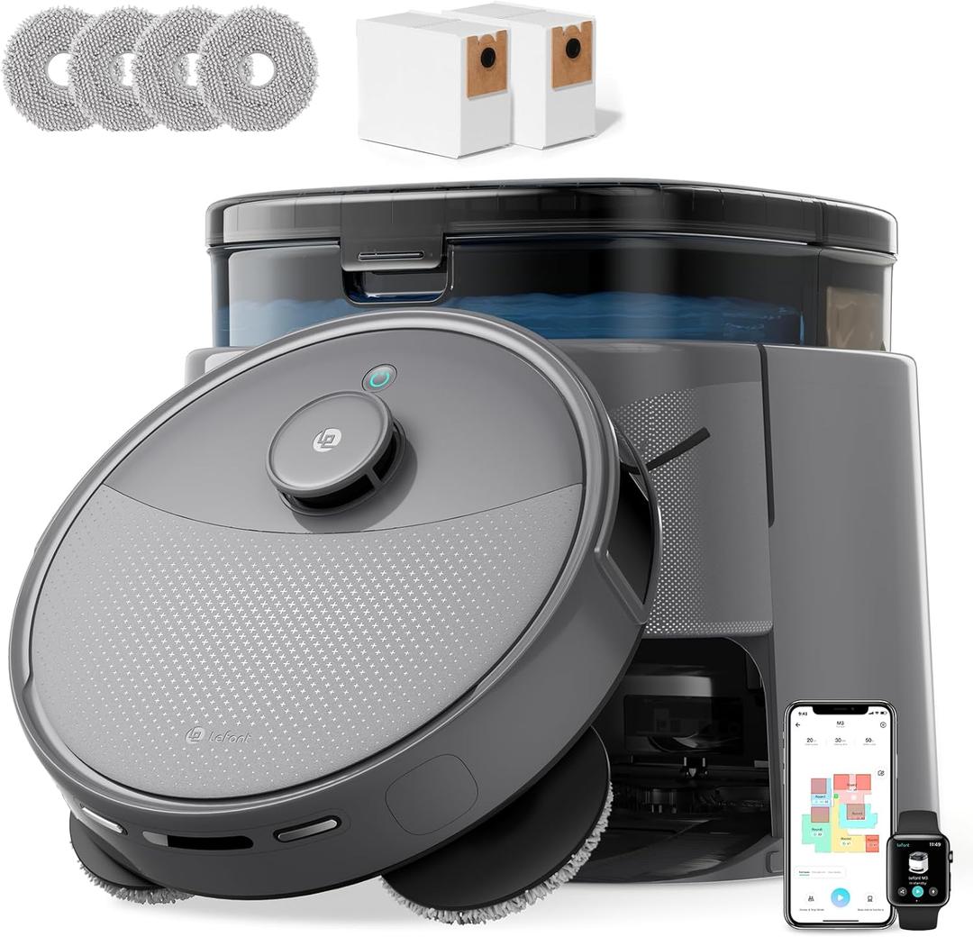 Lefant Robot Vacuum and Mop, 20000Pa Suction, Self Emptying, Auto Mop Washing & Drying for Hands-Free, Anti-Tangle Brushes, Dual Spinning Mop for Pet Hair Dust, Wi-Fi/App/Alexa/iWatch Control, M3 Max