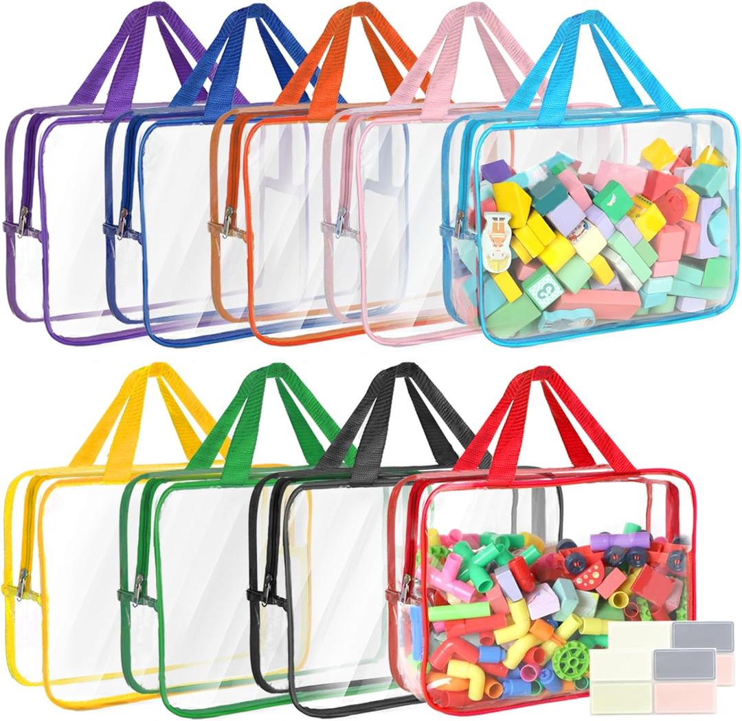 9 Packs Toy Storage Bags with Labels, 11.8x8.7x3.9In Large PVC Reusable Clear Board Game Storage with Zipper, Travel Waterproof Organizer Bags for Building Blocks, Puzzle, Books, Stationery